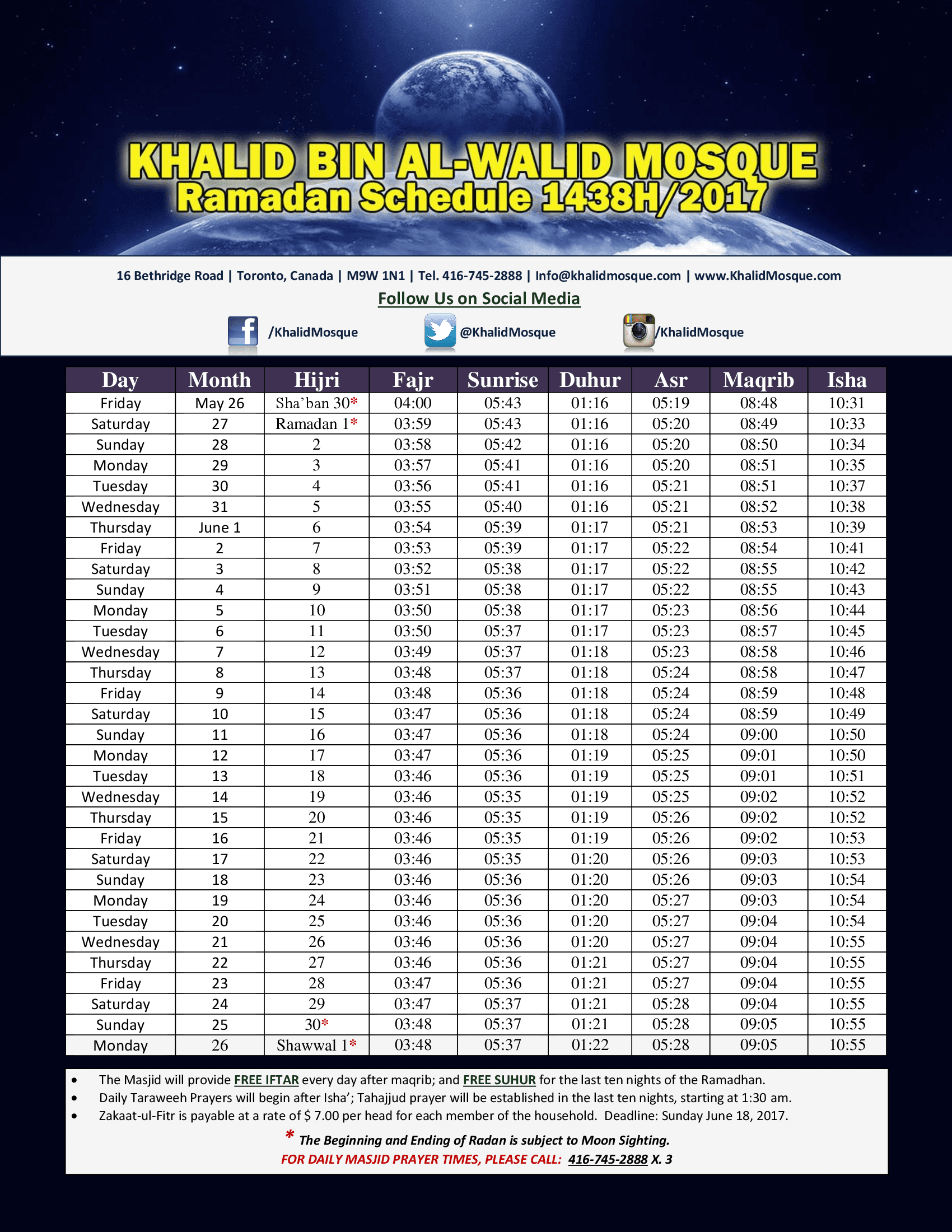 Ramadan Schedule Toronto  Khalid Bin Al-Walid Mosque 