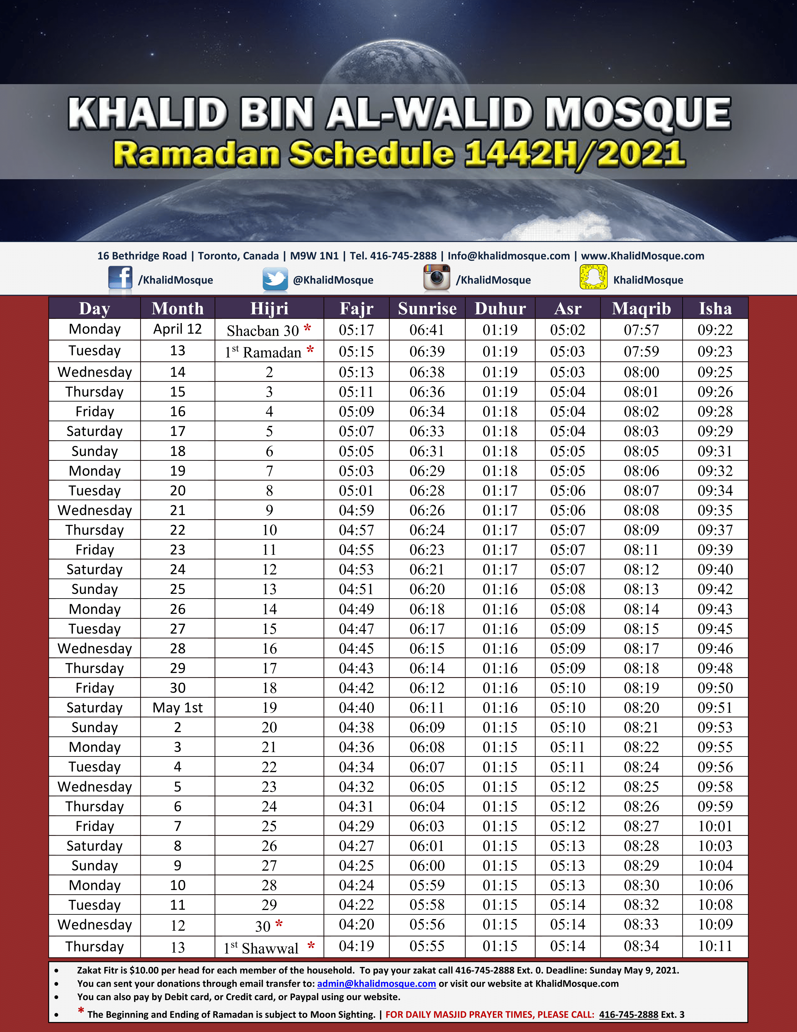 Ramadan Schedule Toronto Khalid Bin AlWalid Mosque Toronto, Canada