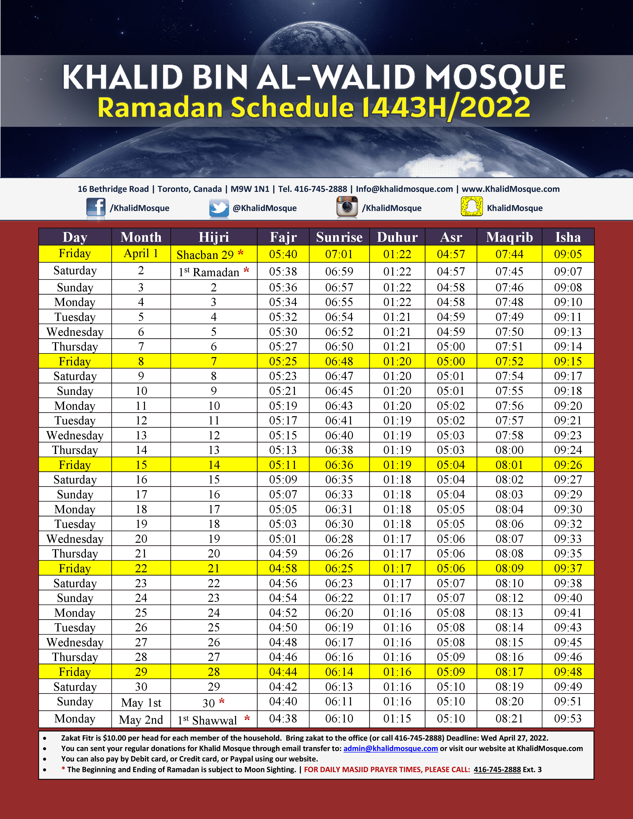 Ramadan Calendar 2022 Toronto Ahmadiyya.Ramadan Schedule 2022 Toronto Khalid Bin Al Walid Mosque Toronto Canada
