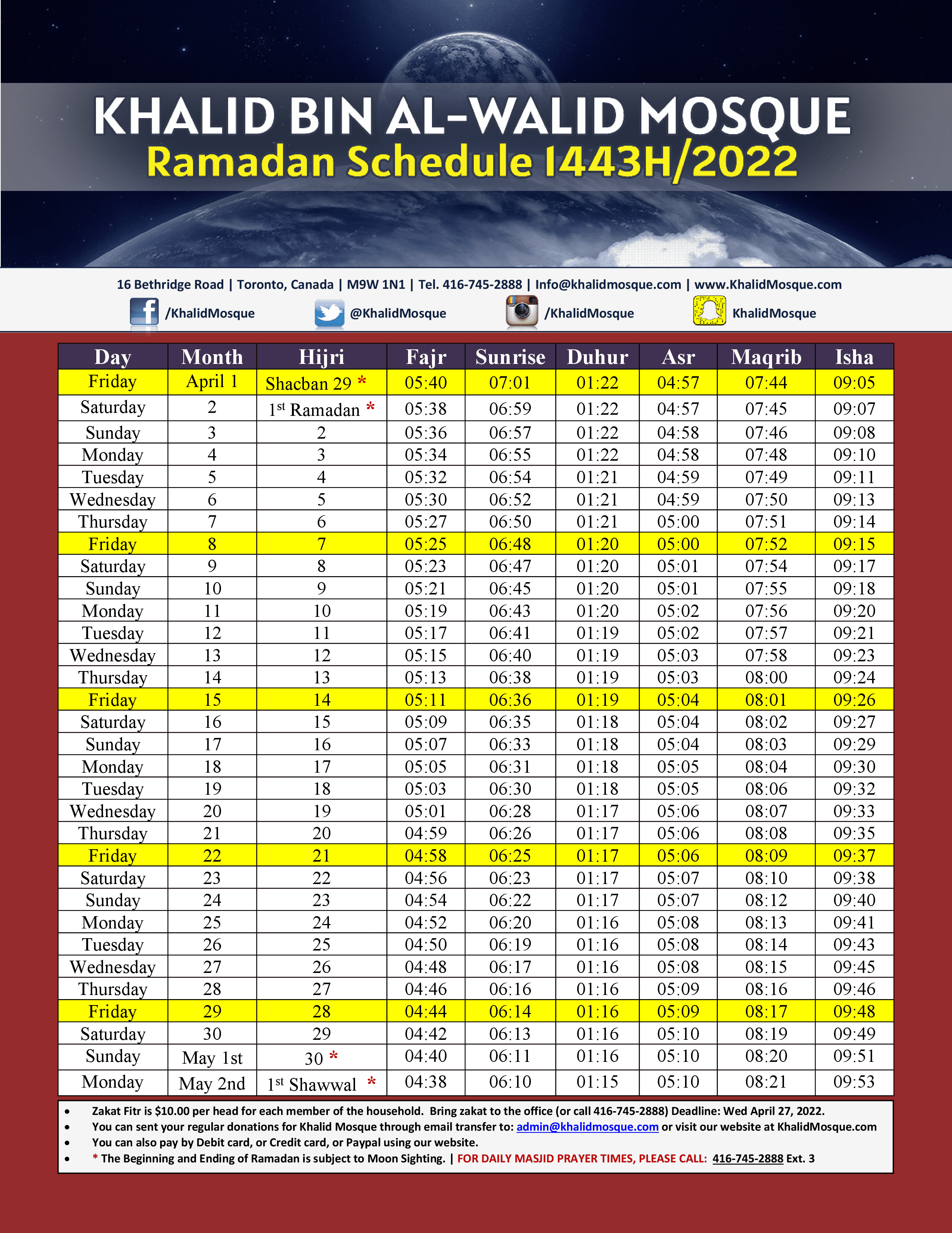 RAMADAN SCHEDULE 2022 TORONTO Khalid Bin Al Walid Mosque Toronto Canada