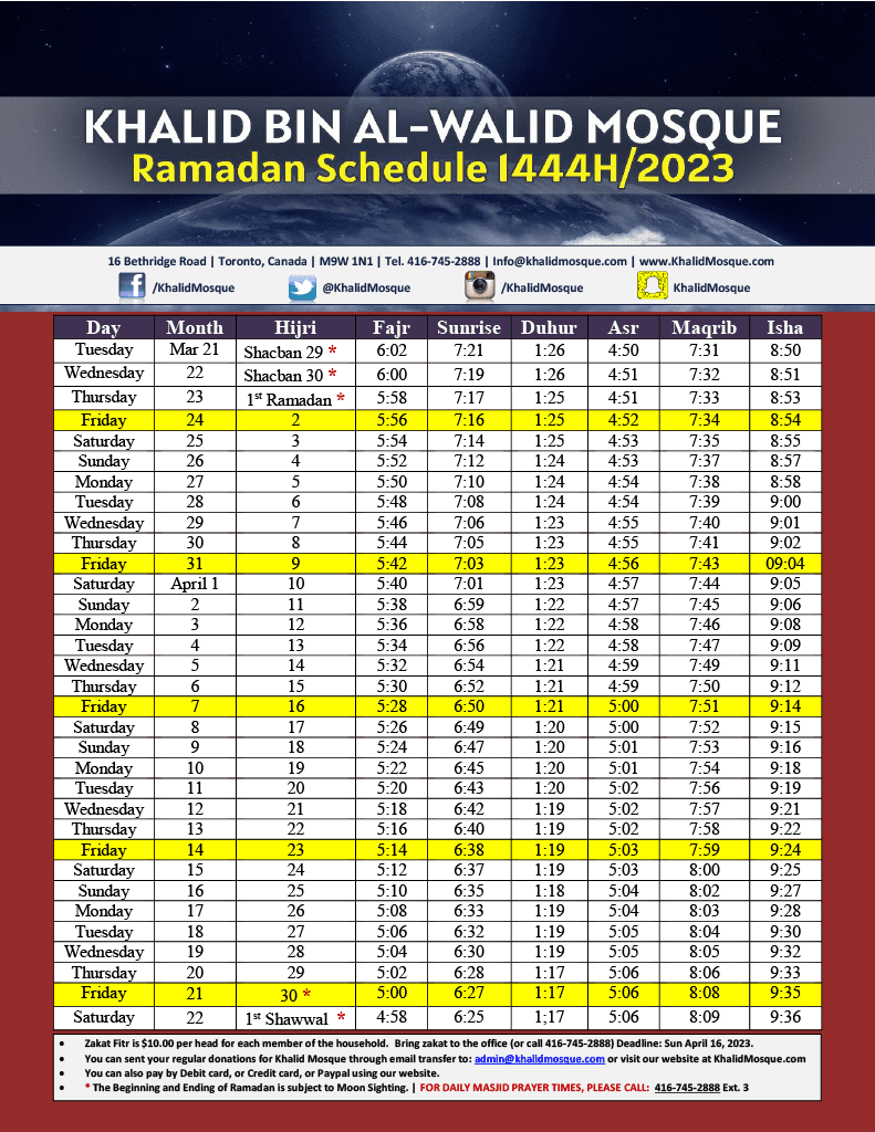 RAMADAN SCHEDULE 2023 TORONTO Khalid Bin AlWalid Mosque Toronto, Canada